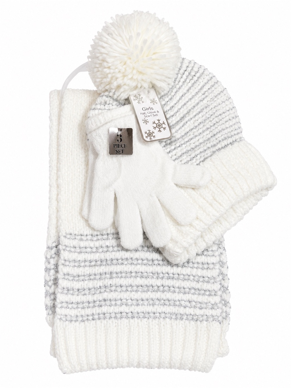 Girls White Silver Knit Hat Scarf Gloves 3 Pc Winter Set NWT